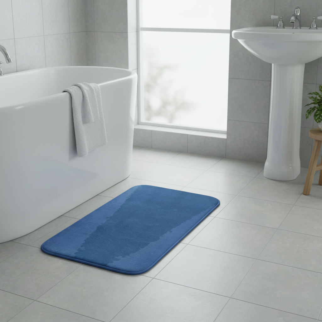 Blue bath mat on a tiled bathroom floor with a bathtub and sink in the background.