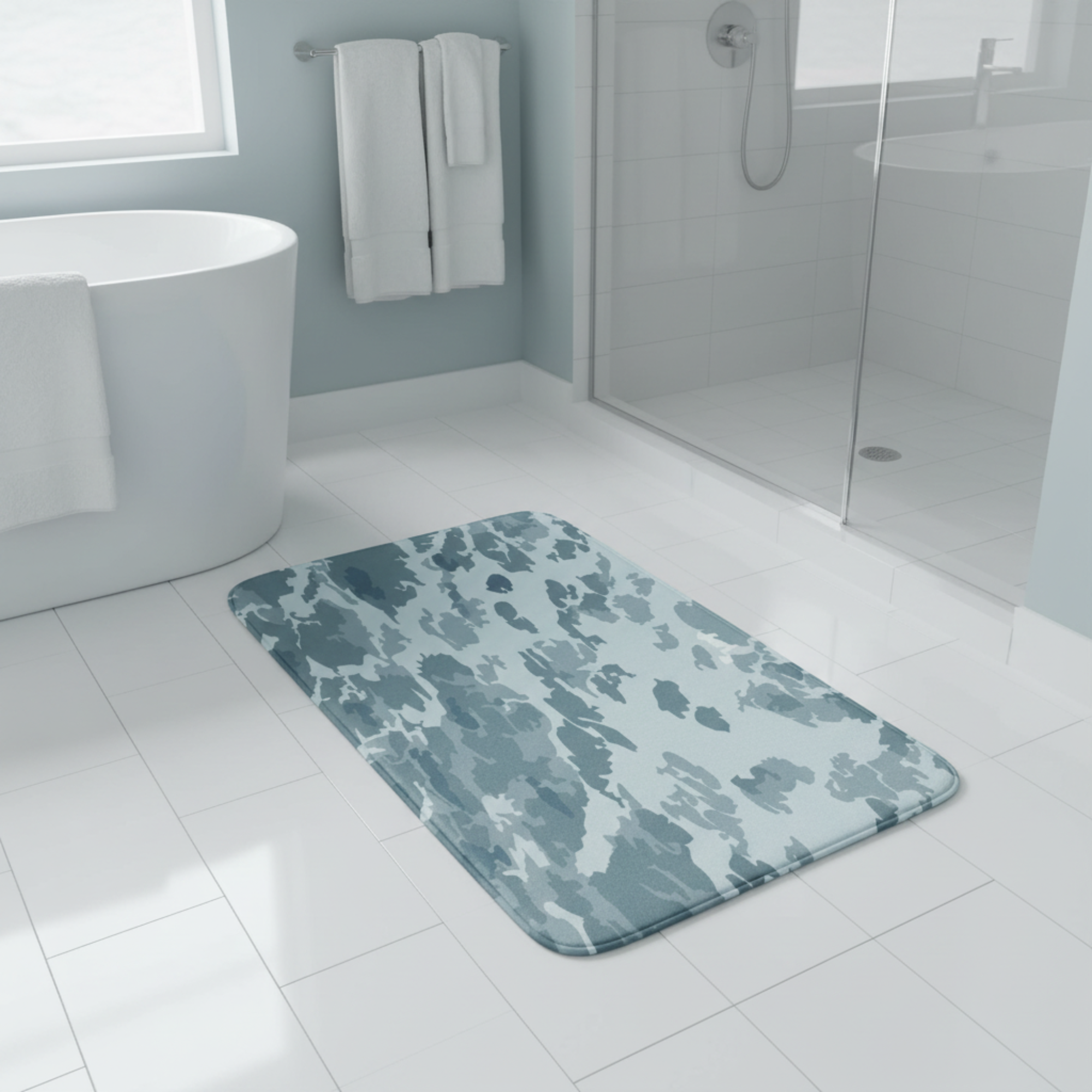 Bathroom with a patterned rug on a tiled floor, bathtub, and towel.