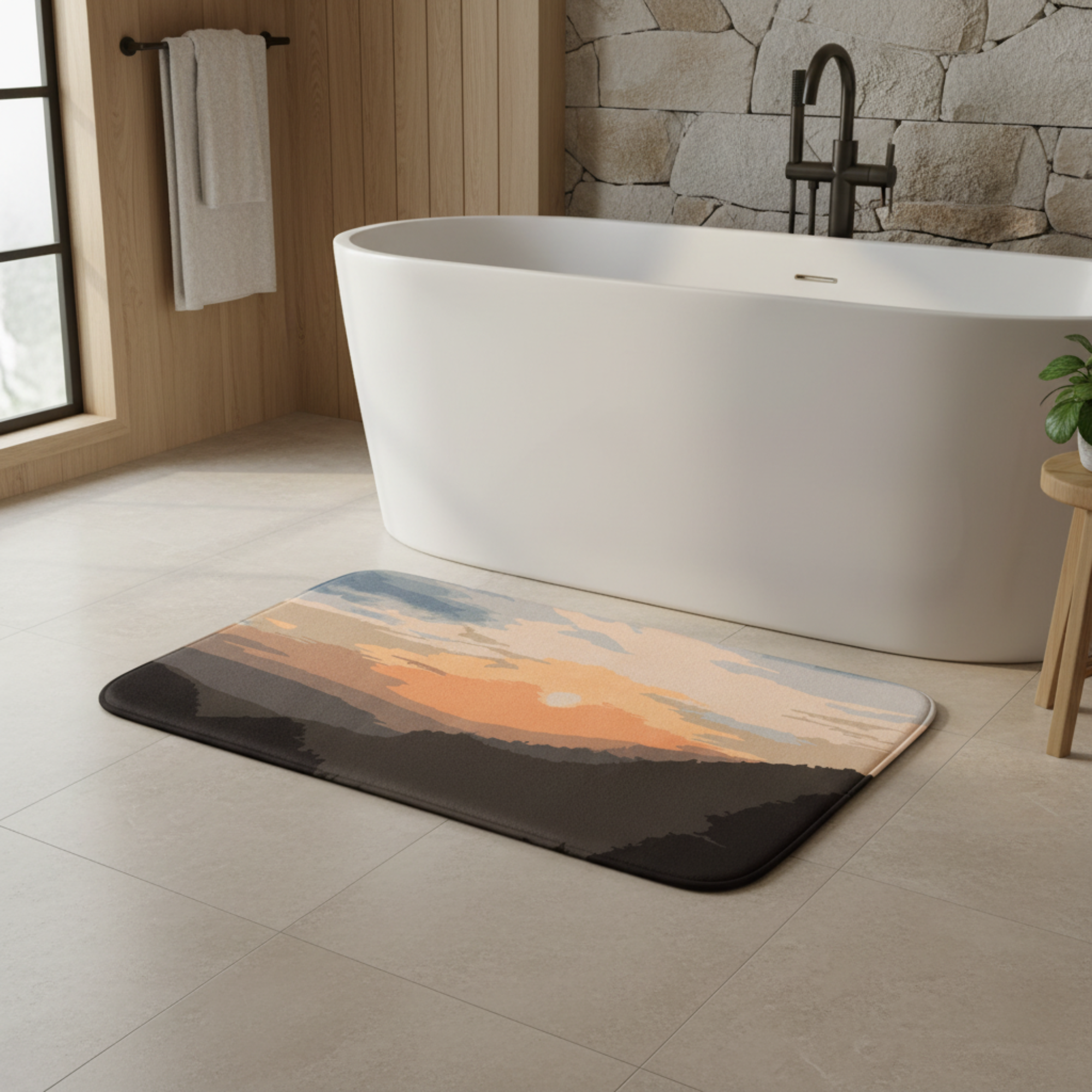 Bathroom with a freestanding bathtub and a decorative bath mat featuring a mountain landscape.