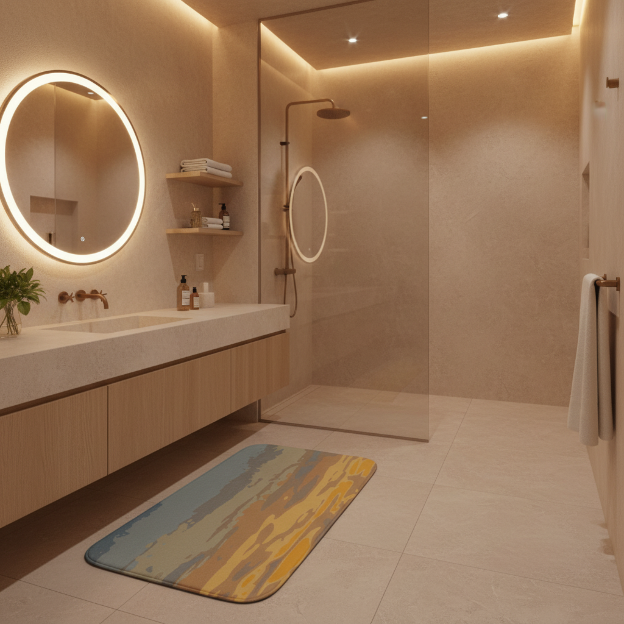 Modern bathroom with a sink, mirror, and shower area, featuring a colorful bath mat on the floor.