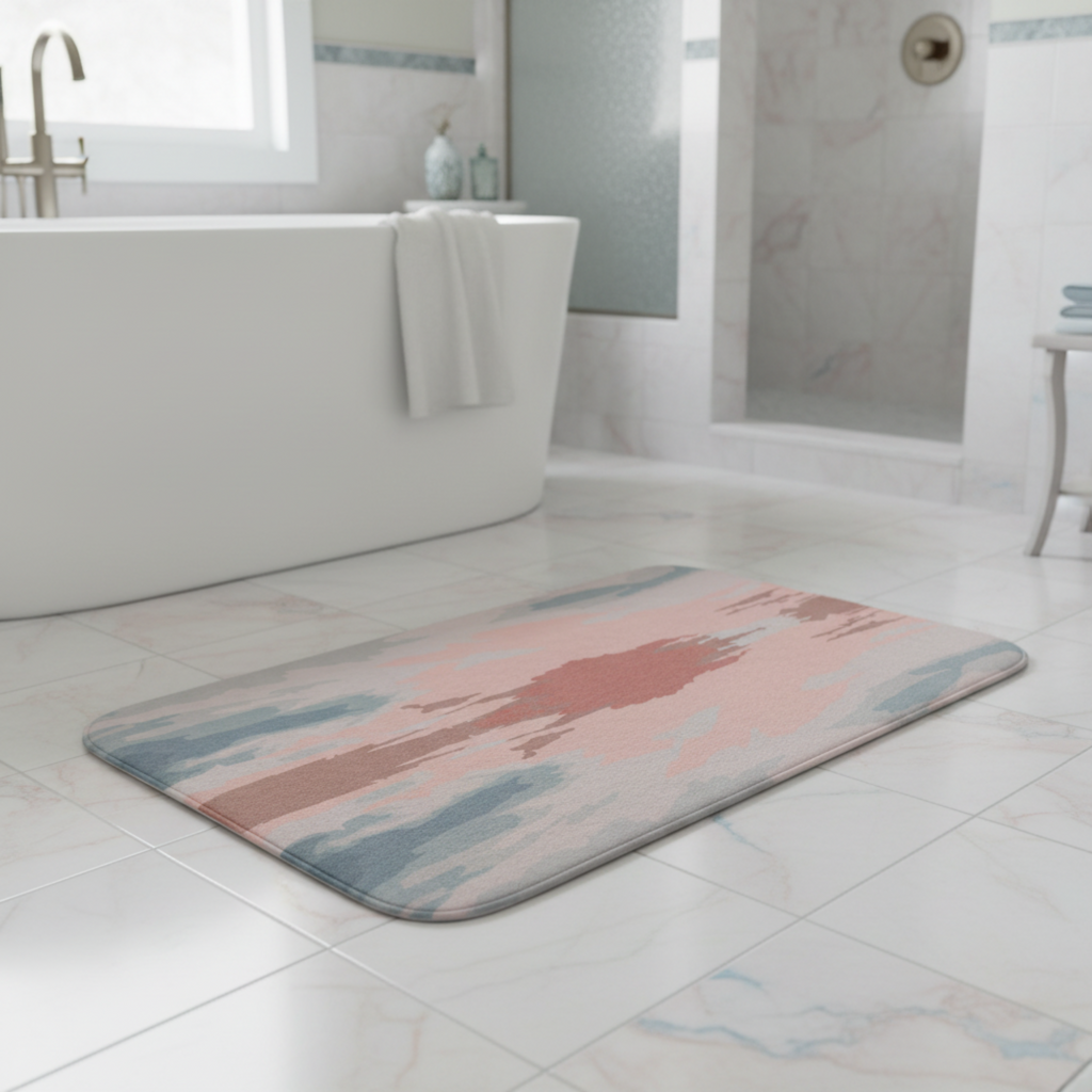 Bathroom with a patterned rug on the floor, bathtub, and shower in the background.