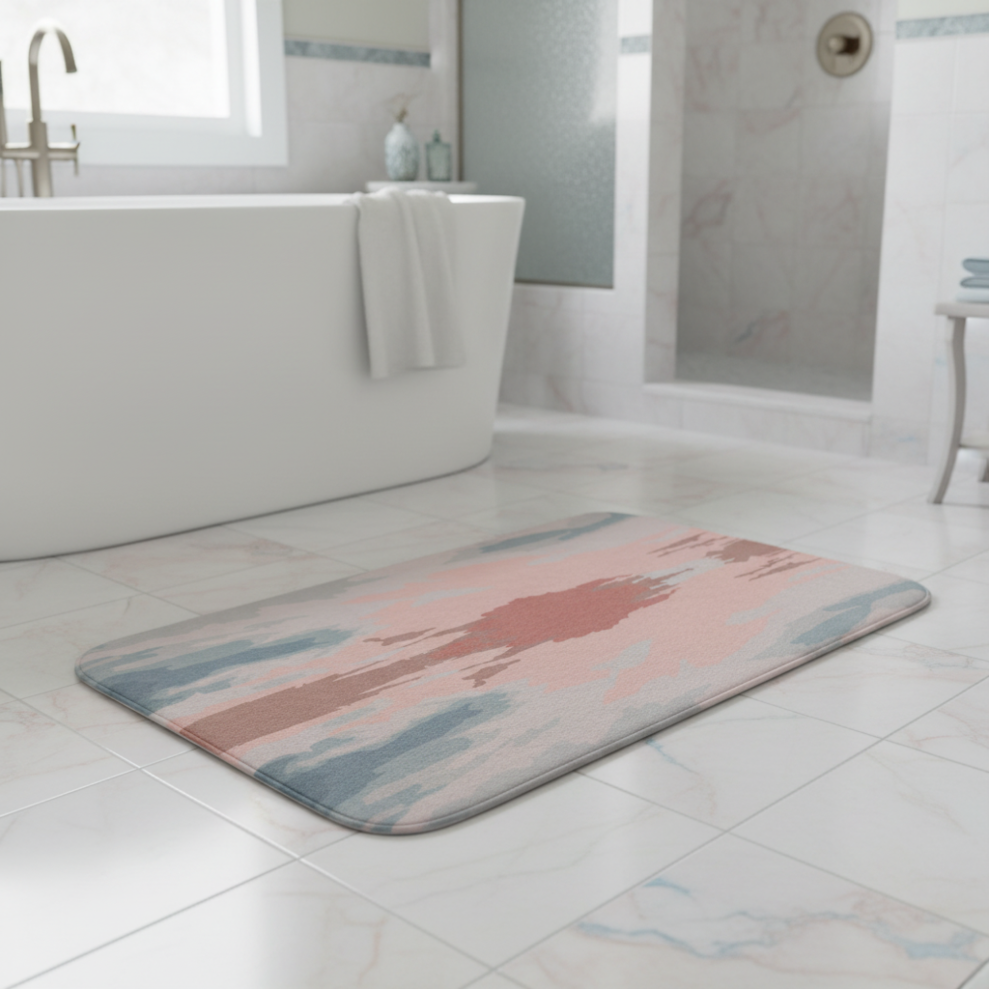 Bathroom with a patterned rug on the floor, bathtub, and shower in the background.