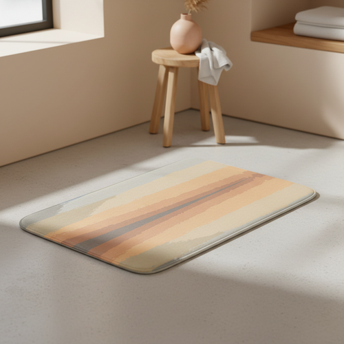 Colorful bath mat on a light gray floor with a wooden stool and decorative items in the background.