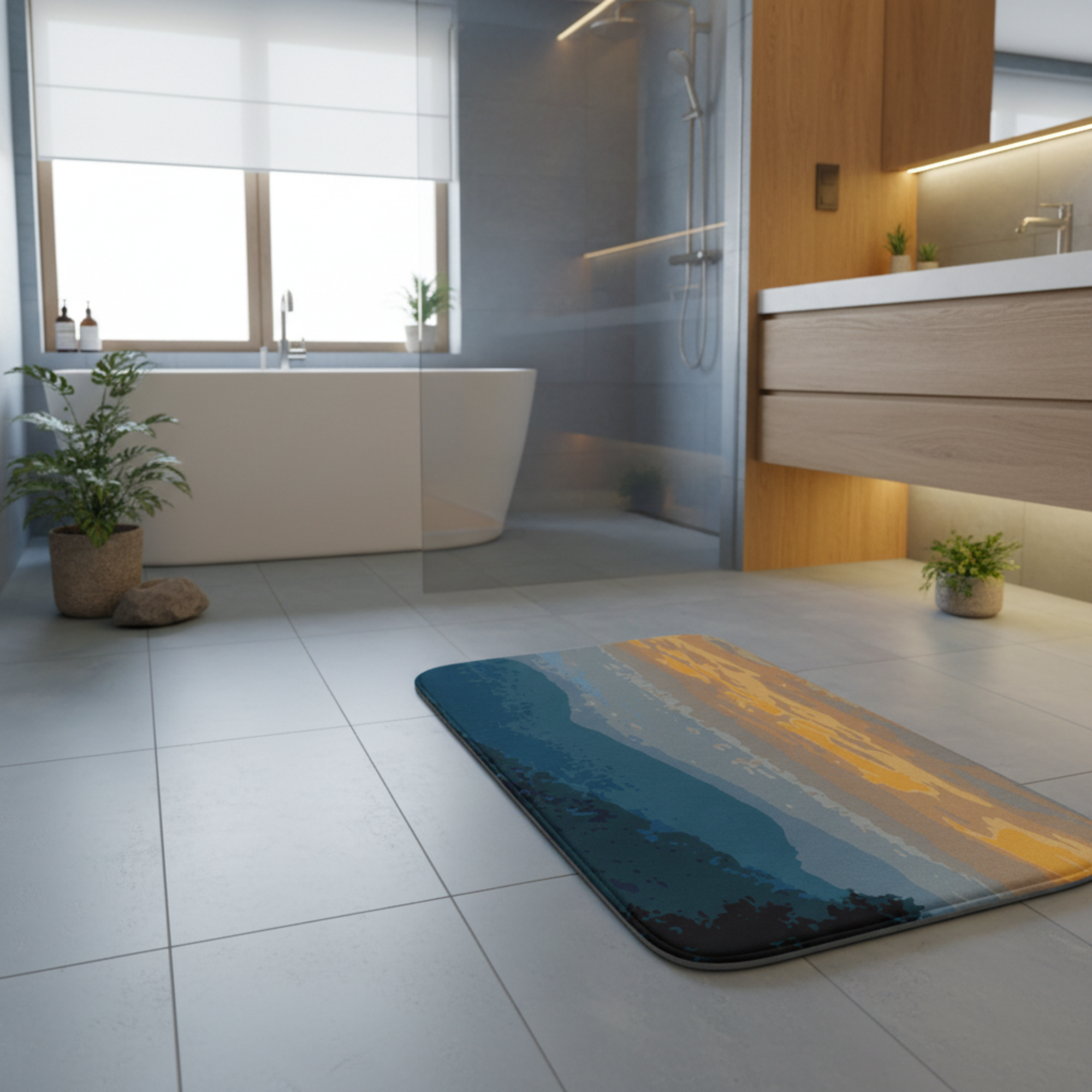 Bathroom with a colorful bath mat on the floor, bathtub, and sink.