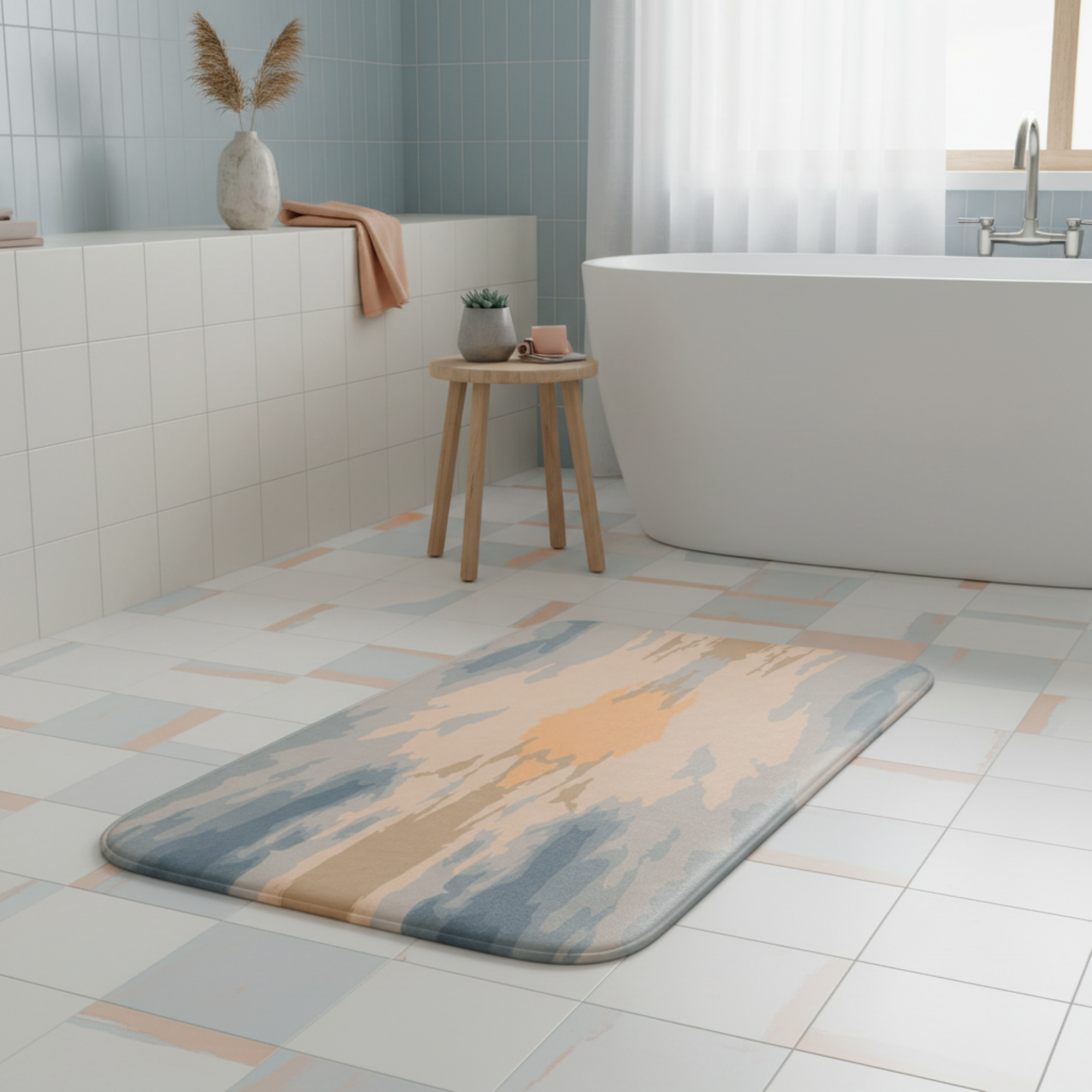 Bathroom with a patterned rug, stool, and bathtub.