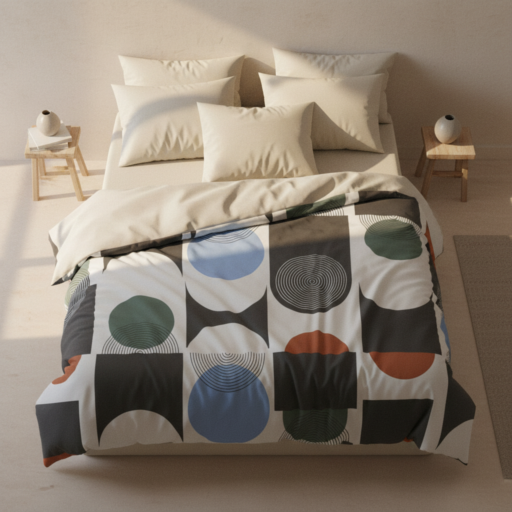 bauhaus geometric bedding with geometric patterned comforter in a minimalistic room