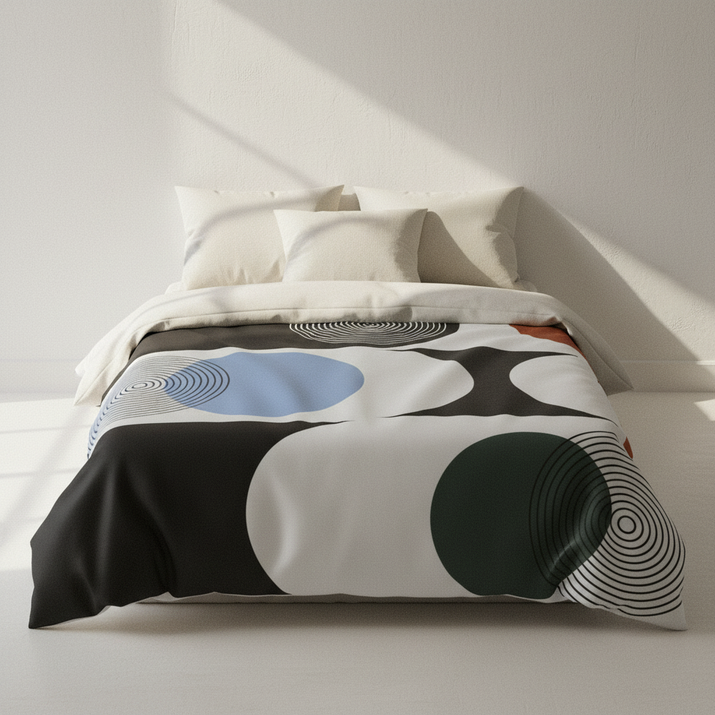 bauhaus geometric abstract patterned microfiber comforter in a plain bedroom