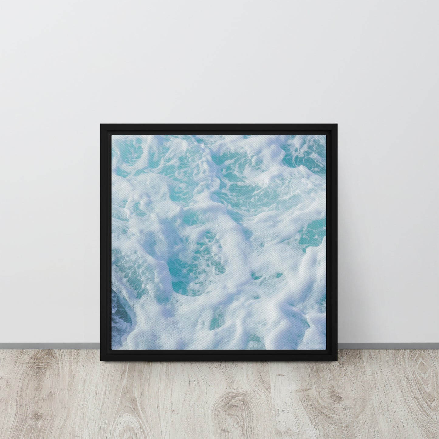 blue beach sea foam canvas print wall art black floater frame