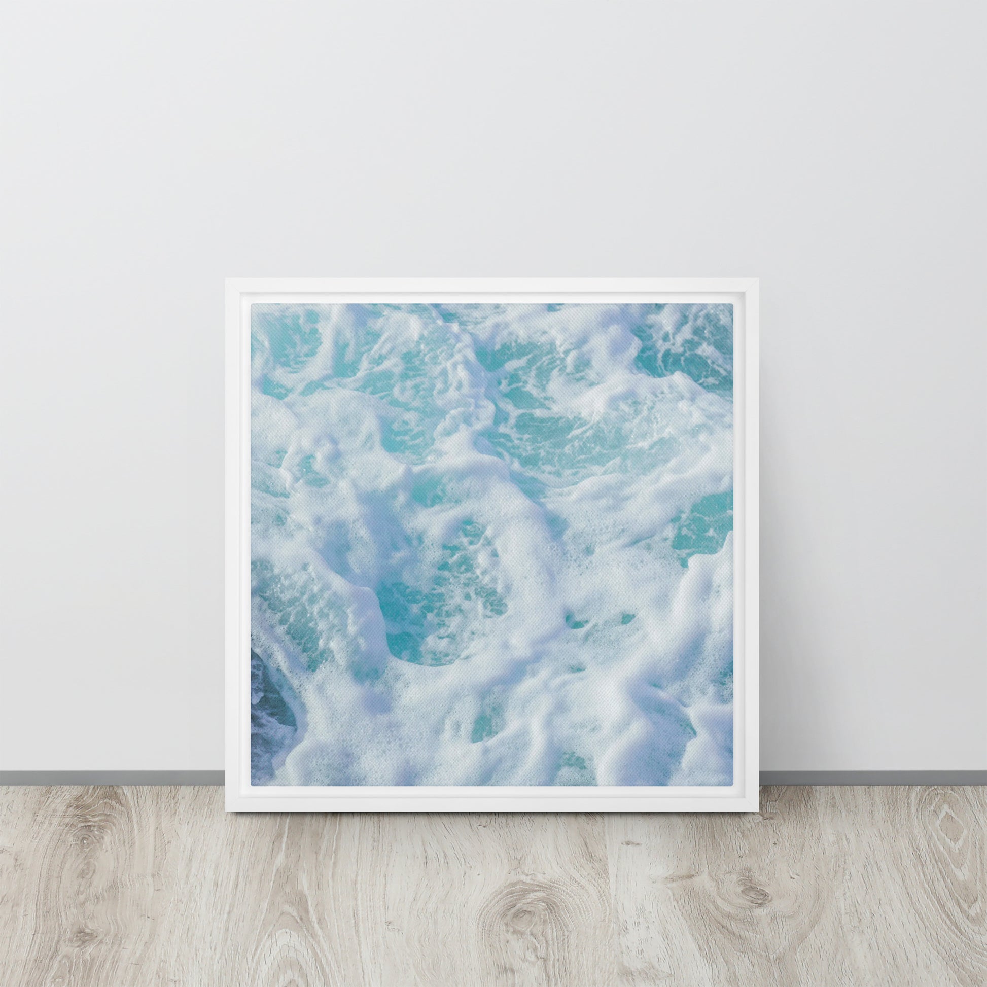 blue beach sea foam canvas print wall art white floater frame