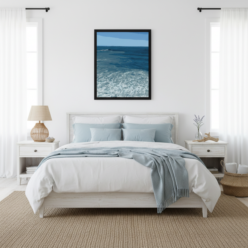 Bedroom with a bed, nightstands, and a framed ocean view on the wall.