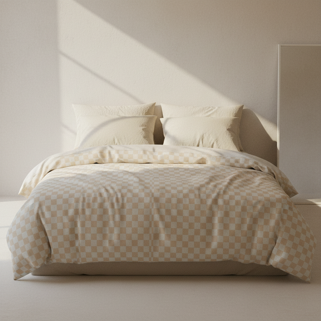 earth-toned checkerboard bedding styled with modern furniture 