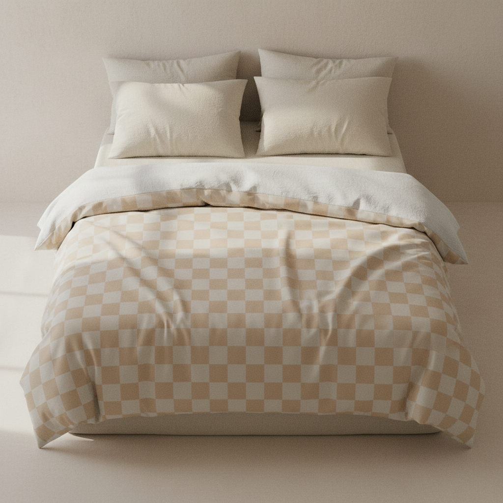 beige checkerboard duvet cover in a warm, neutral bedroom