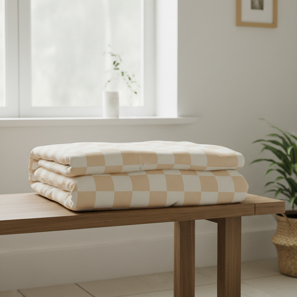 folded beige grid duvet cover on a wooden bench