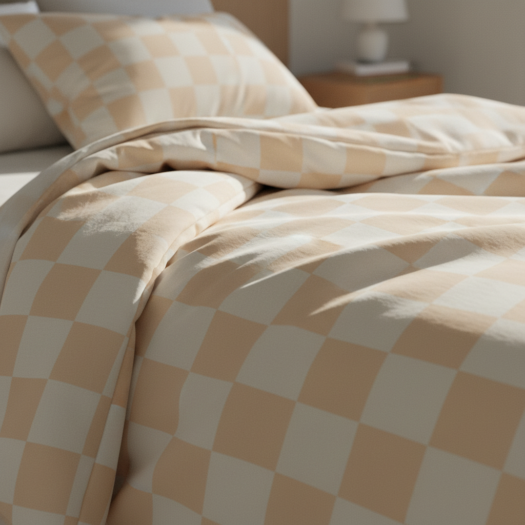 detail of the tan and white grid pattern on artisan bedroom
