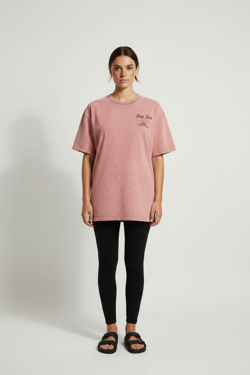 female model wearing oversized unisex pink snow washed t-shirt