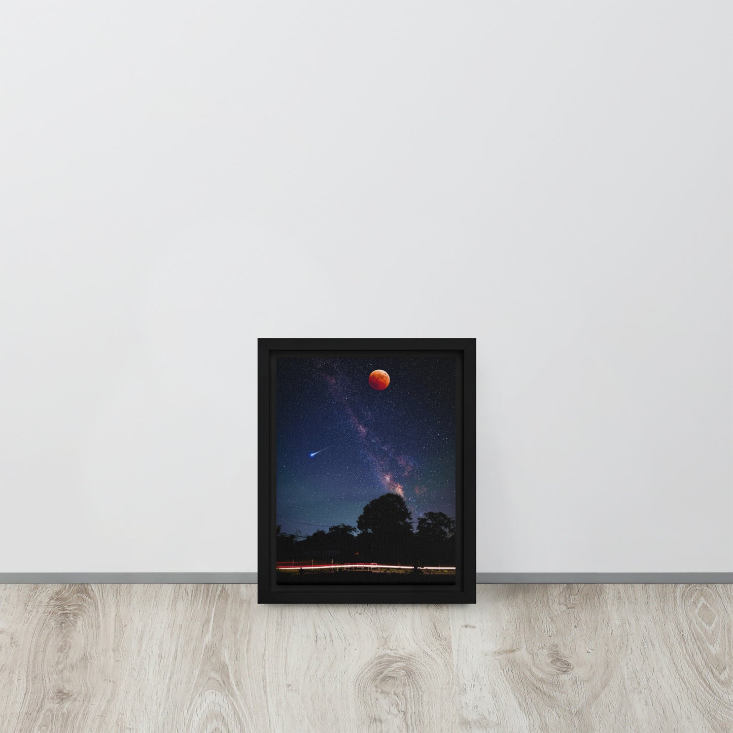 blood red moon framed canvas print in black