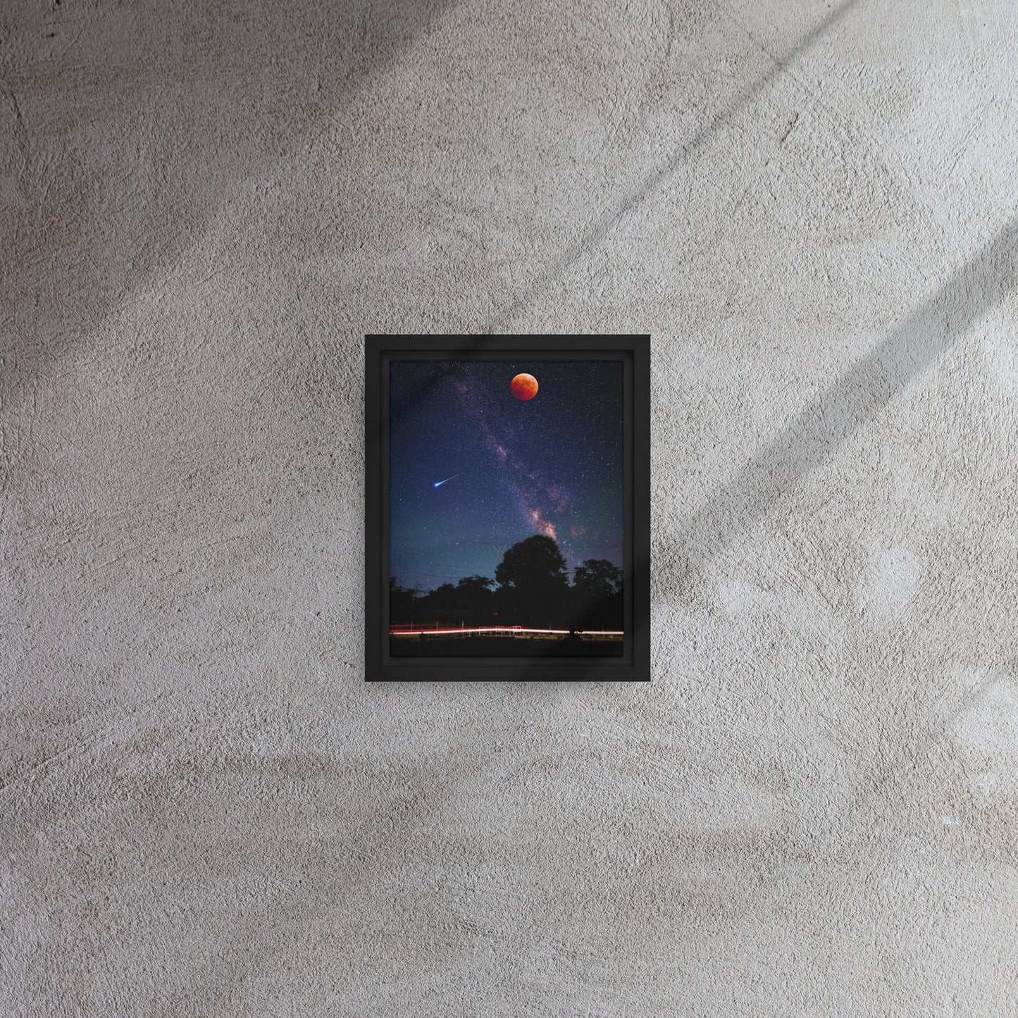 blood red moon framed canvas print in black