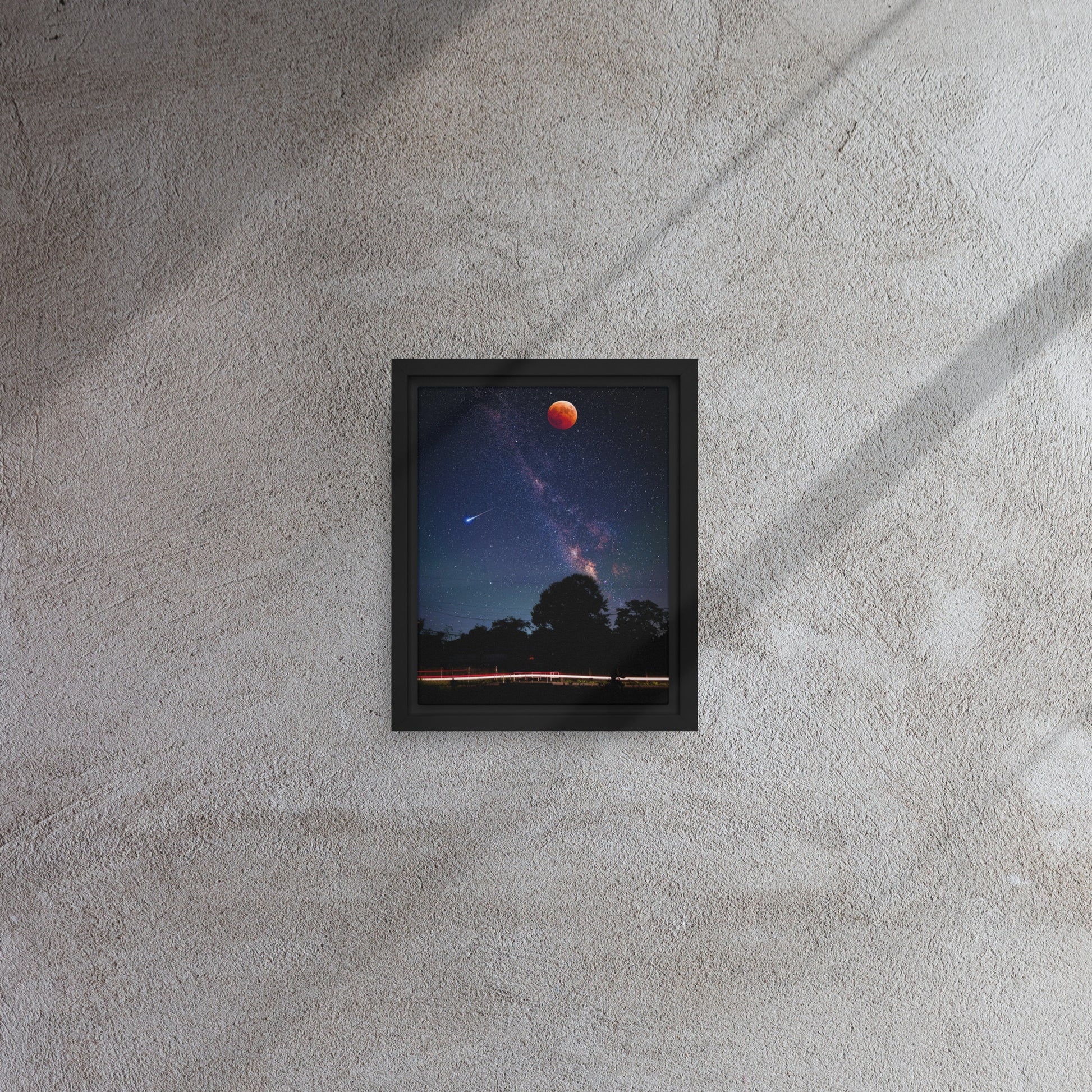 blood red moon framed canvas print in black