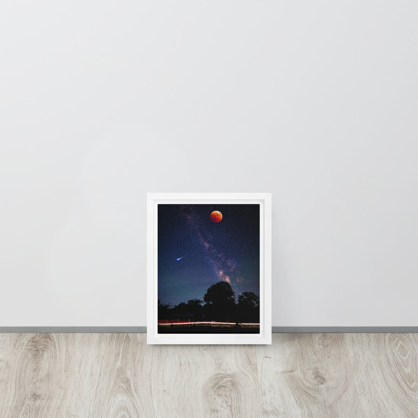 blood red moon framed canvas print in white