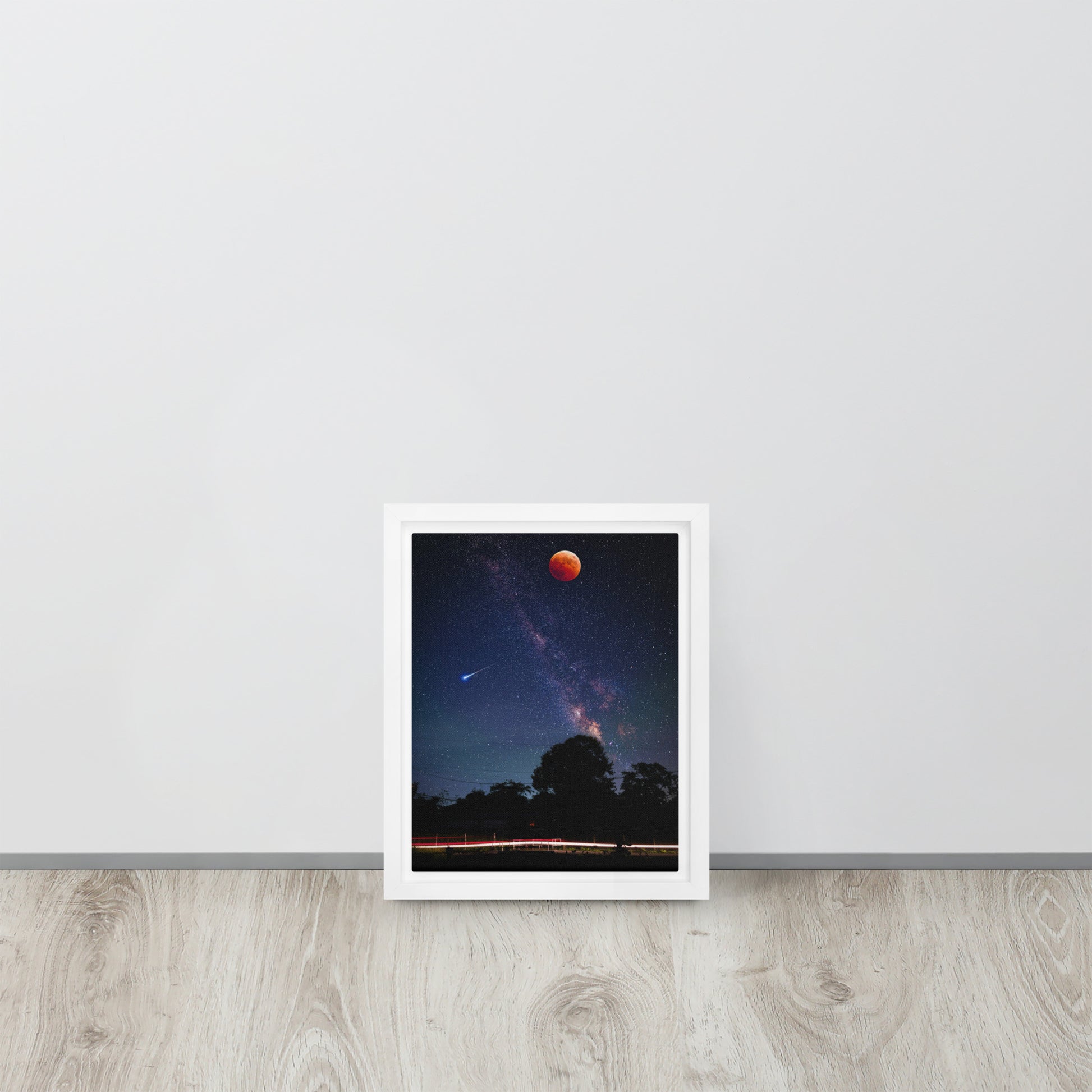 blood red moon framed canvas print in white