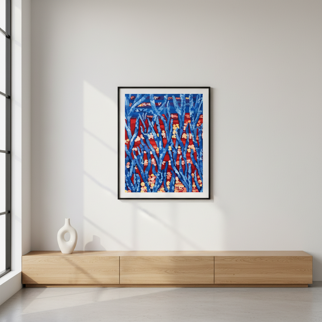 modern blue abstract wall art over a console table