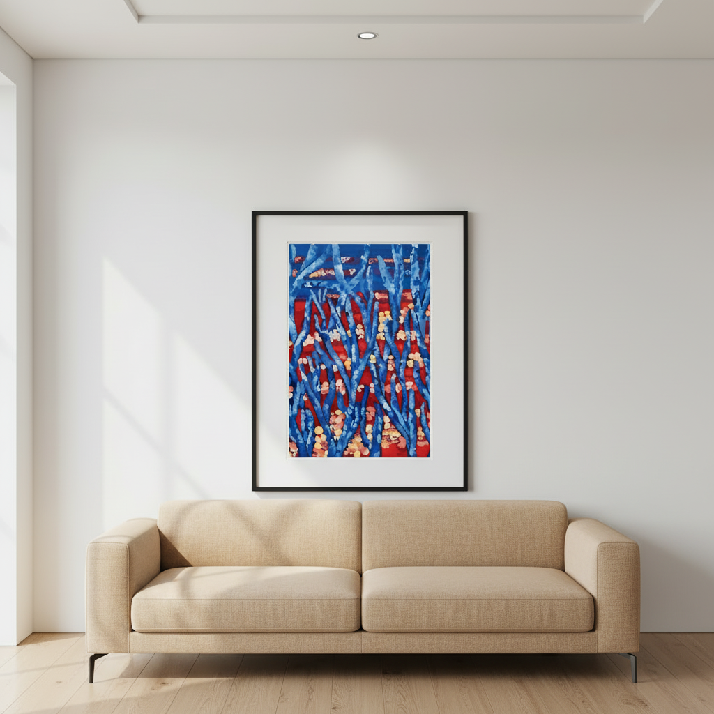 Beige sofa in a room with a colorful botanical abstract wall art print 