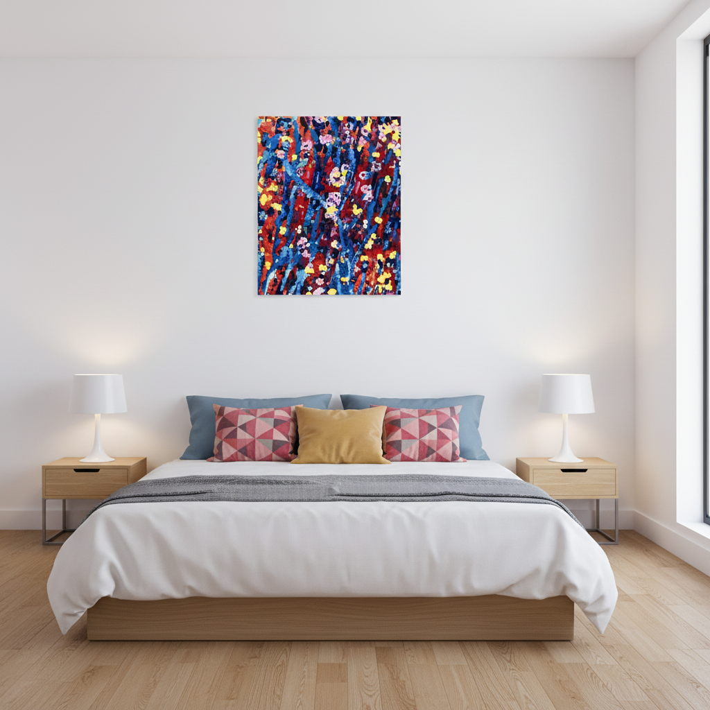 colorful floral abstract wall art over a bed