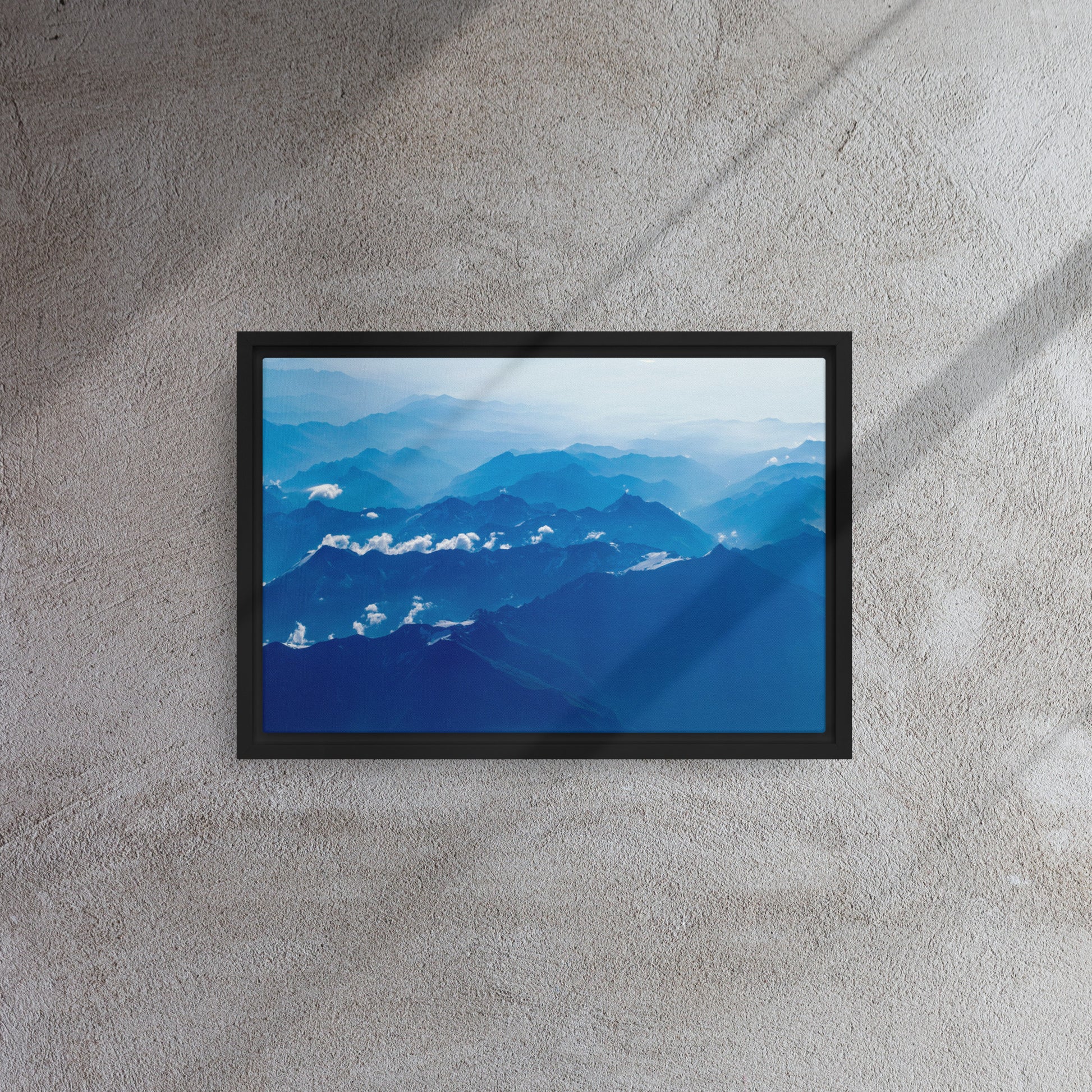 blue mountain wall art canvas print with black frames