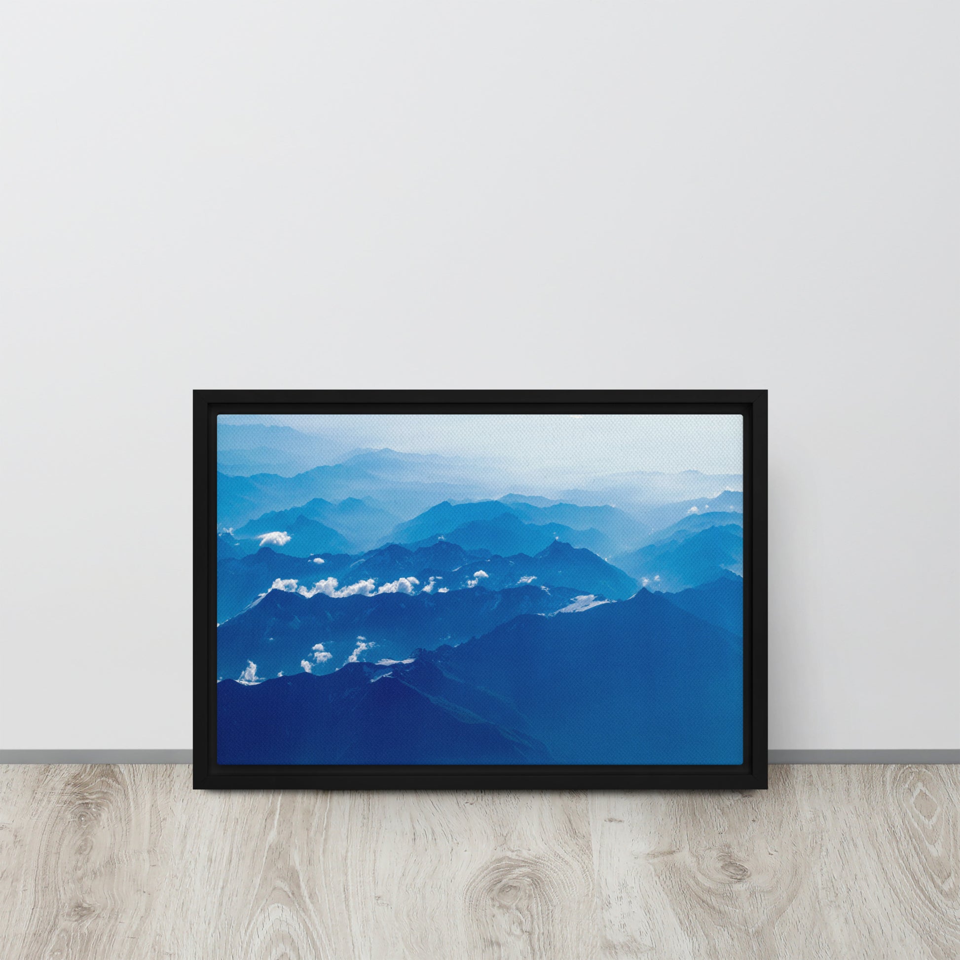 blue mountain wall art canvas print with black frames