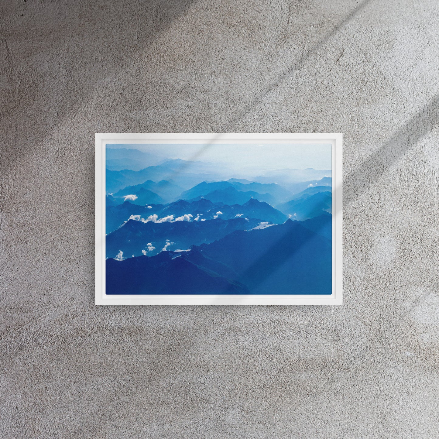 blue mountain wall art canvas print with white frames