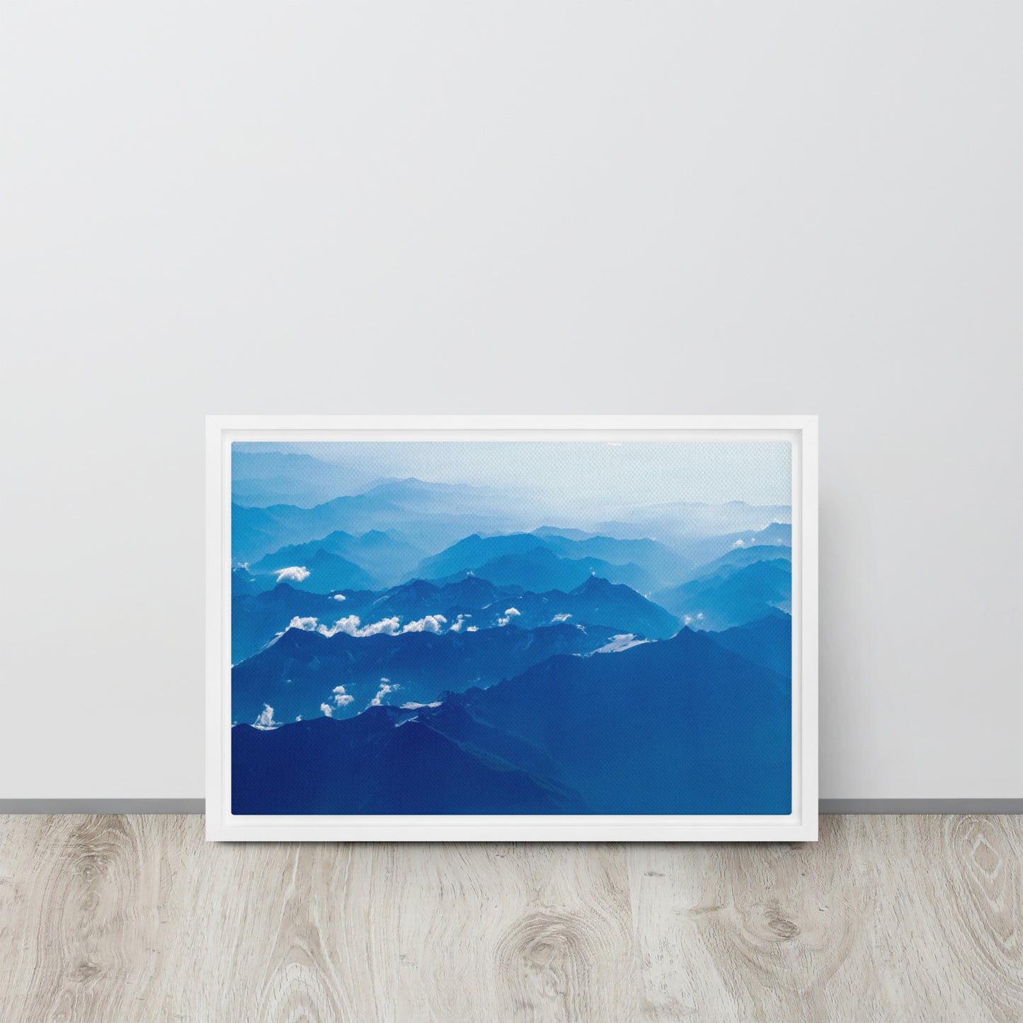 blue mountain wall art canvas print with white frames