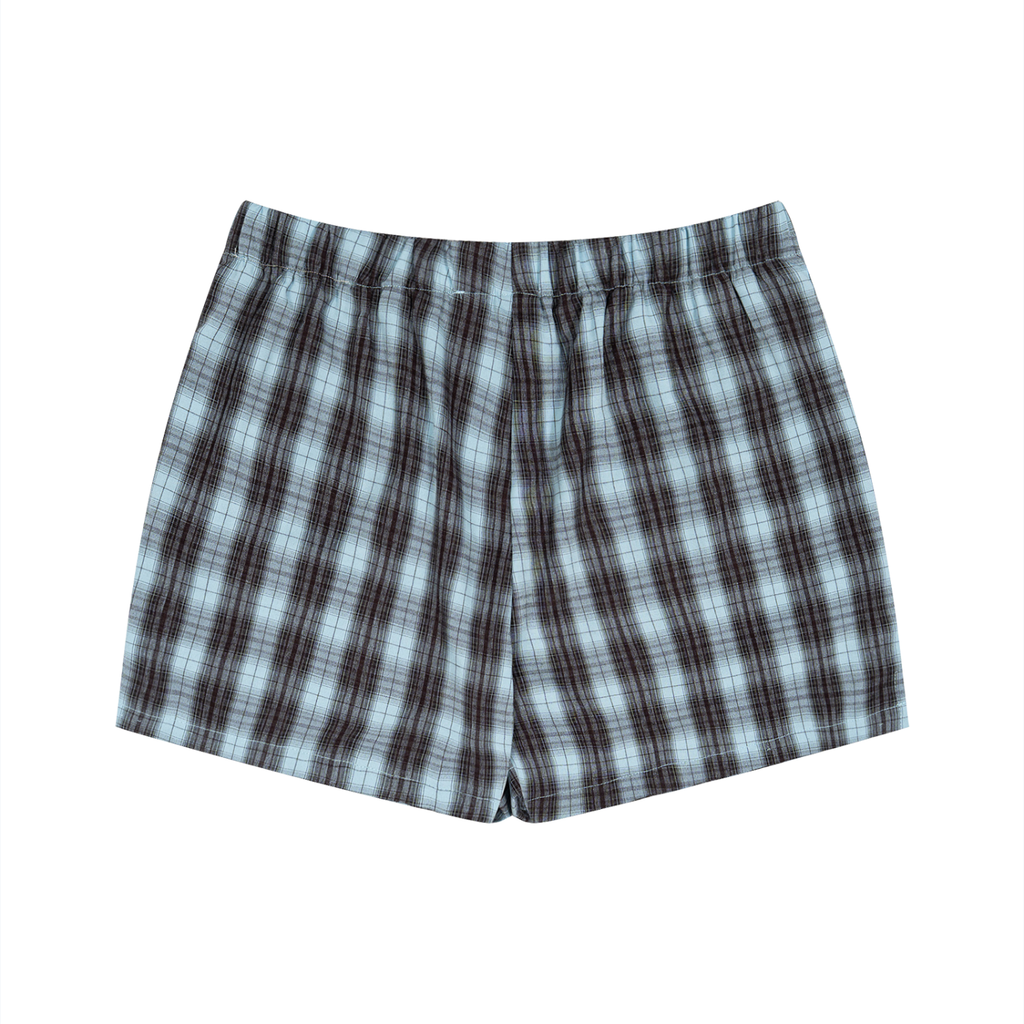 back view flat lay of unisex blue plaid shorts 