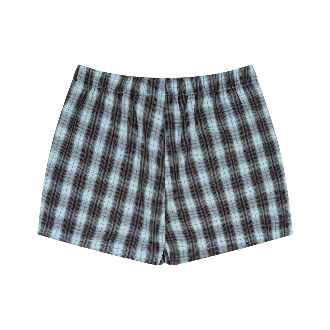 back view flat lay of unisex blue plaid shorts 