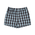 flay lay detail of relaxed fit blue plaid shorts 