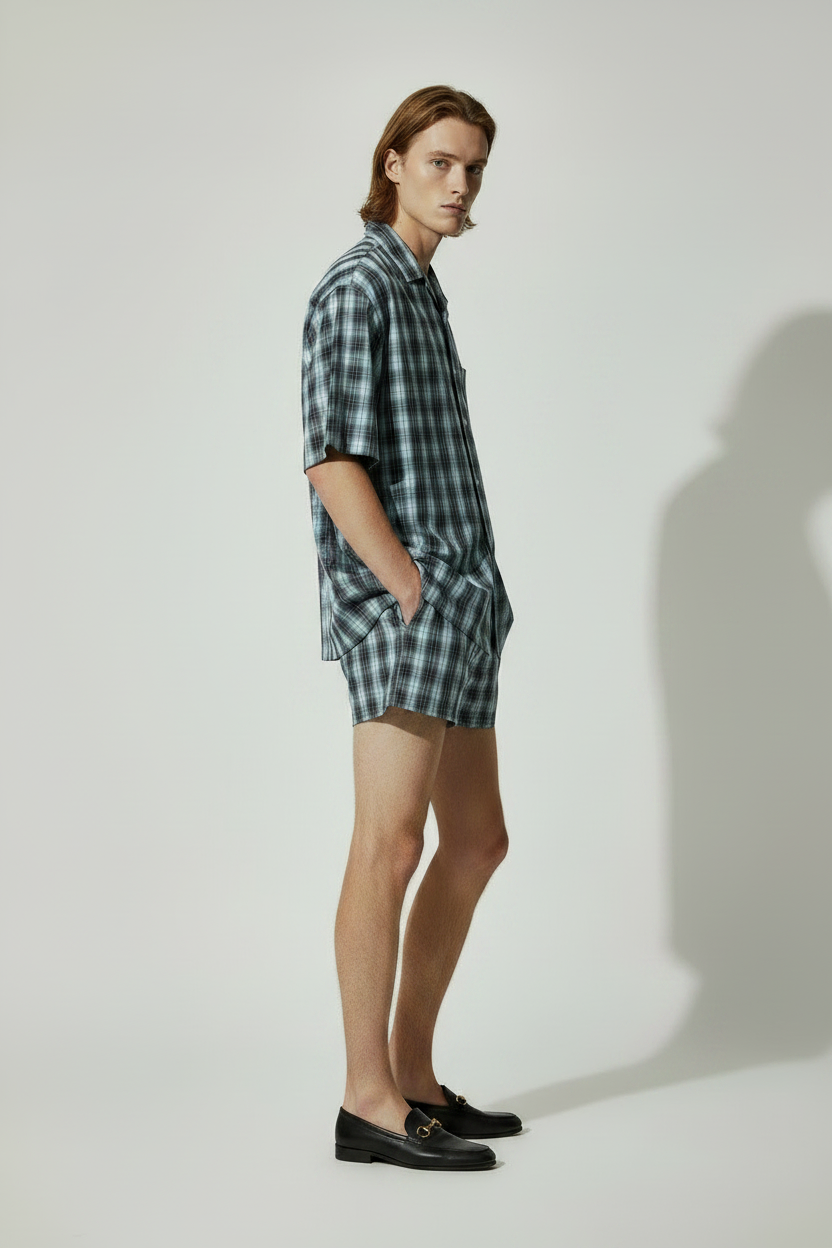 matching blue plaid shorts set side view