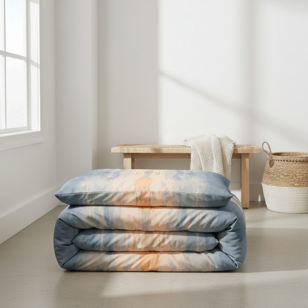 Folded bohemian duvet comforter on a wooden floor with a bench and basket in the background.