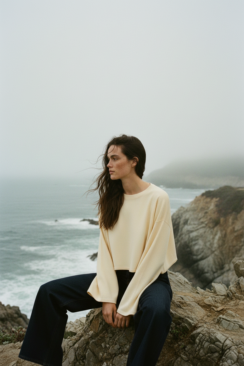 model wearing dolman sleeve batwing cotton top oceanside 