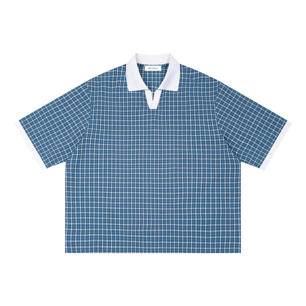 flat lay of blue color block plaid polo shirt 