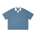 flat lay of blue color block plaid polo shirt 