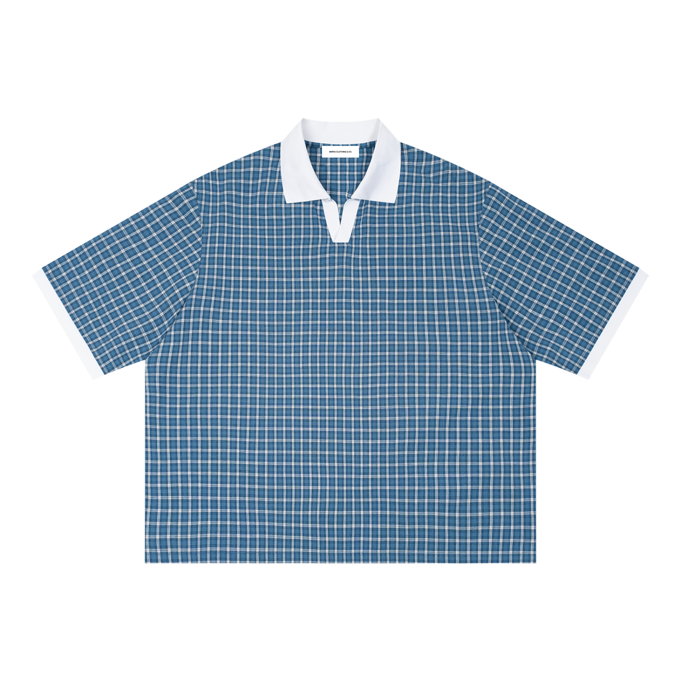 flat lay of blue color block plaid polo shirt 