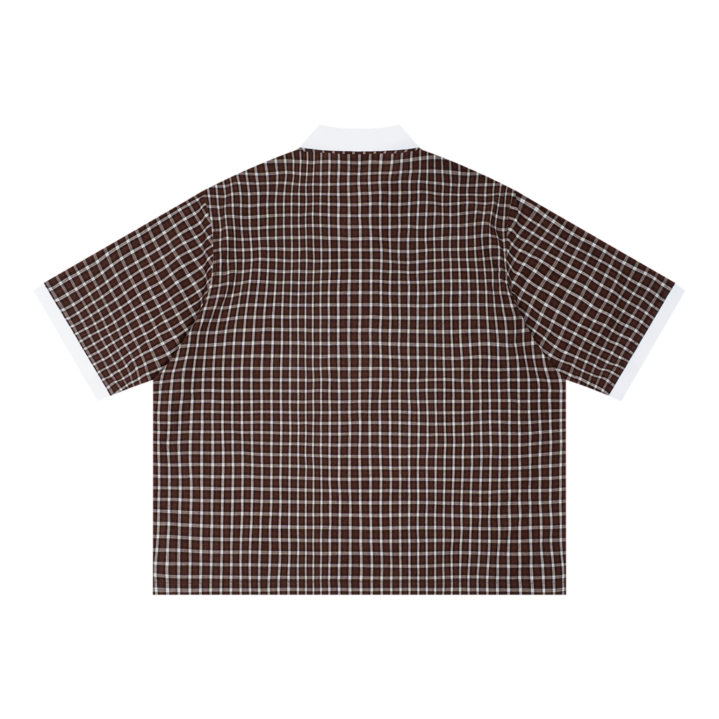 back view flat lay of casual style plaid polo shirt 