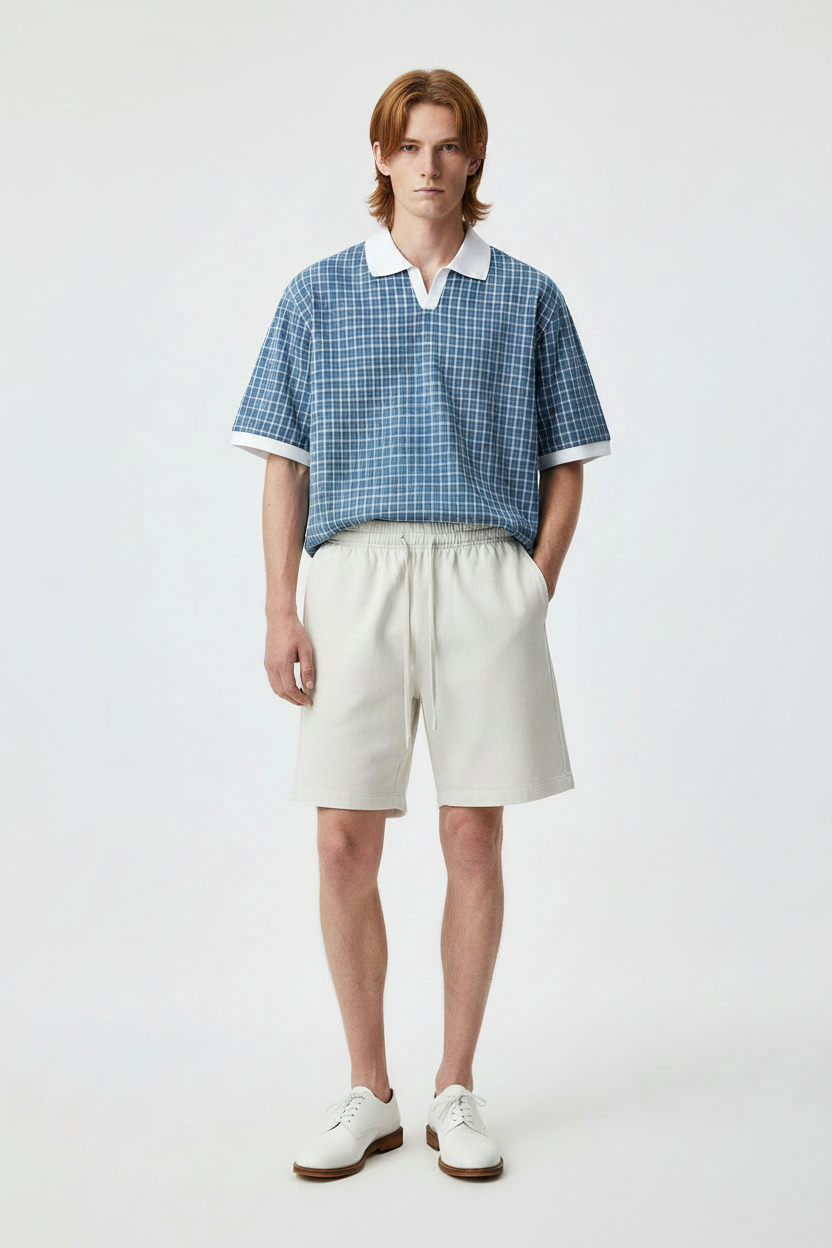 male model wearing relaxed fit plaid polo shirt 