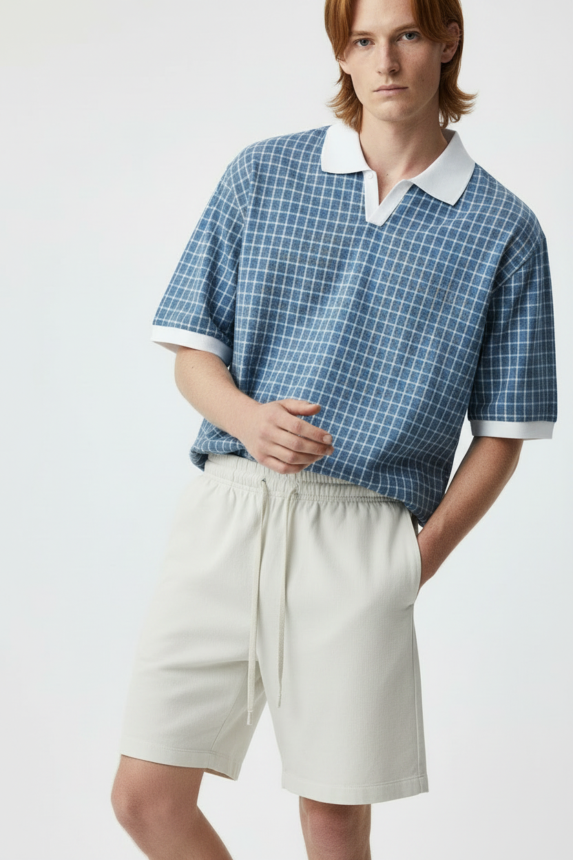 model wearing front view of boxy plaid polo