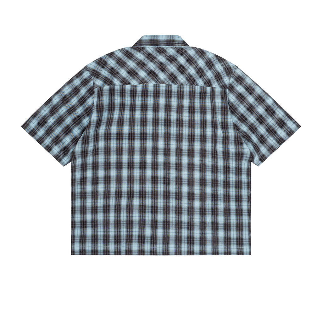back view flat lay of lightweight lapel collar short sleeve blue plaid shirt 