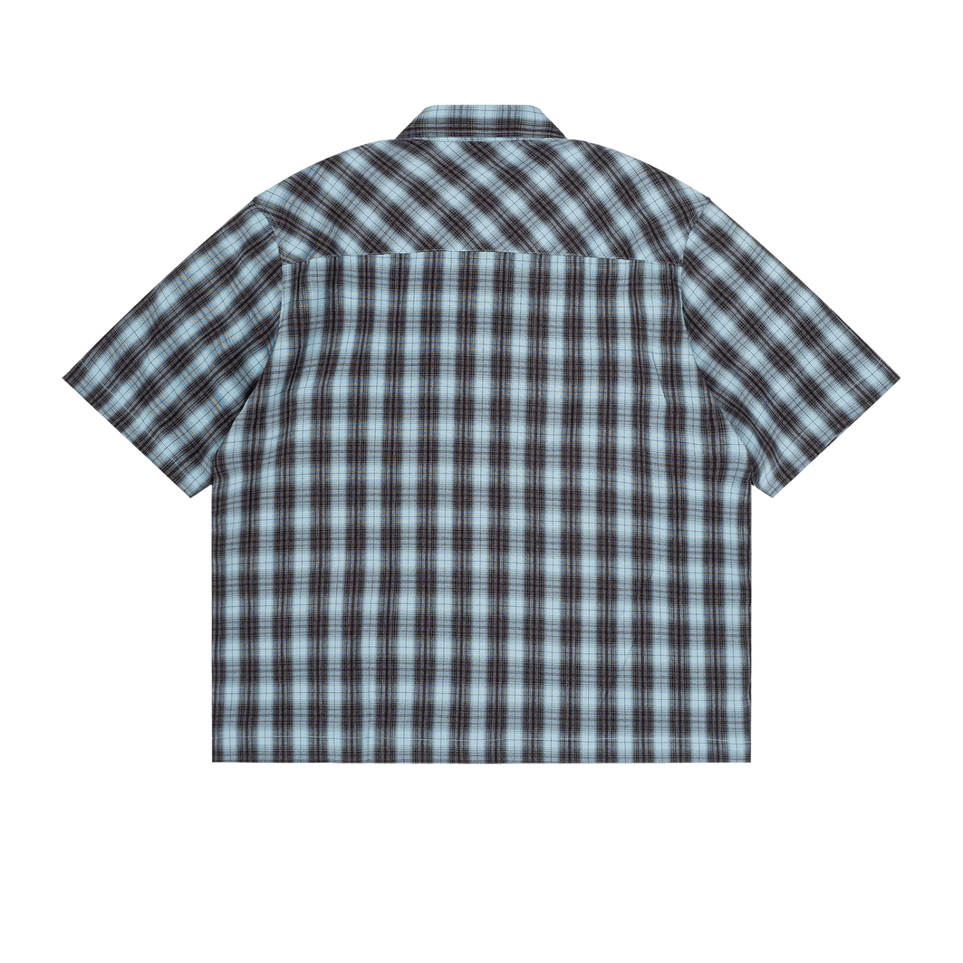 back view flat lay of lightweight lapel collar short sleeve blue plaid shirt 