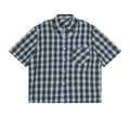 front flat lay of boxy blue plaid short sleeve shirt 