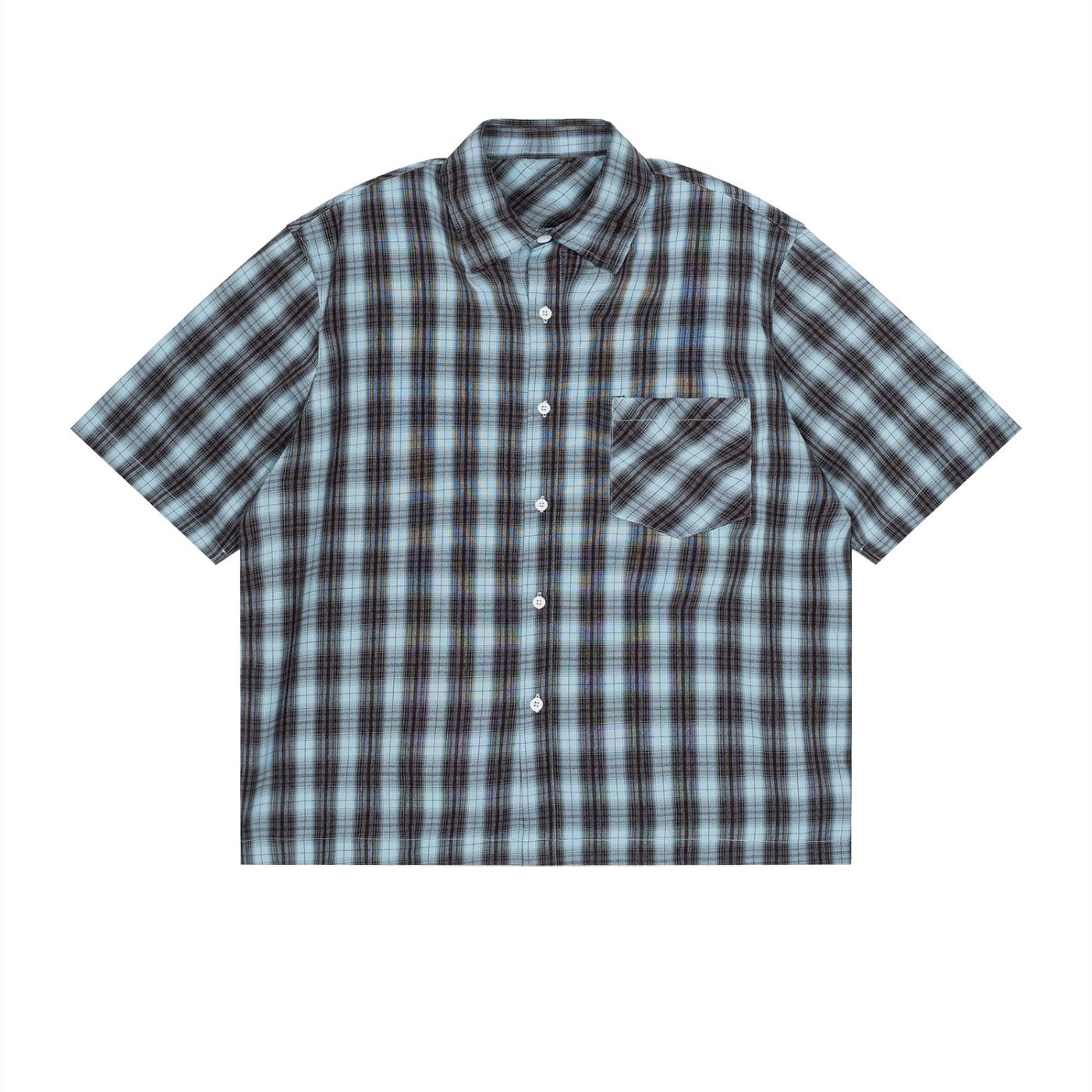 front flat lay of boxy blue plaid short sleeve shirt 