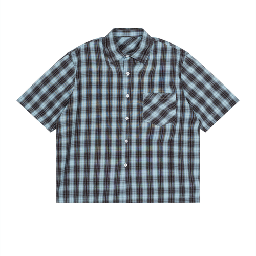 front flat lay of boxy blue plaid short sleeve shirt 
