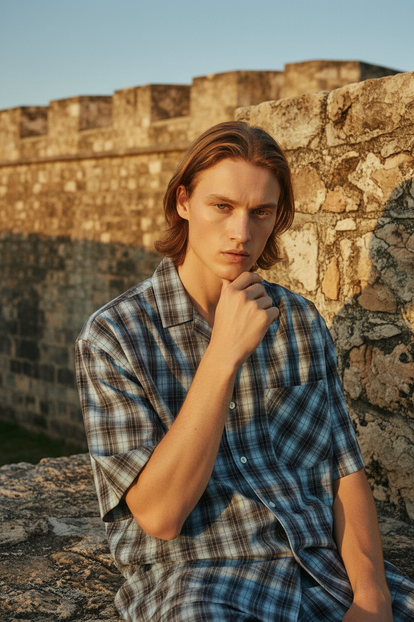 male model wearing blue boxy plaid shirt on location photoshoot