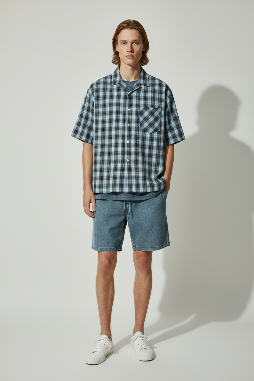 model wearing blue boxy plaid short sleeve unisex shirt with lapel collar
